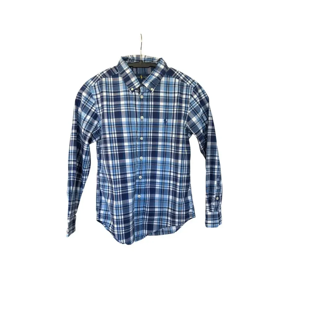 Boys Blue Plaid Button Down Shirt Ralph Lauren Size Medium 10 12